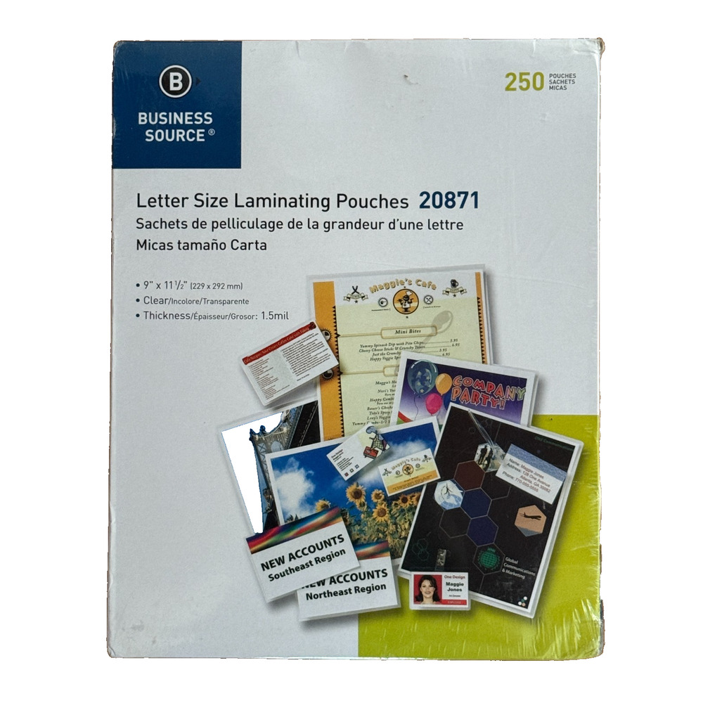 Buisness Source 20871 Laminating Pouches 250 Count 1.5mil Letter Size 9x11.5 NEW